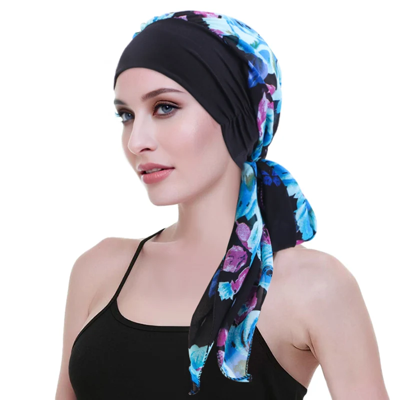 New Muslim Women Elastic Wide print flower Turban Cap Pre-Tied Long Tail Hat Hijab Bonnet Headscarf Chemo Cap Head Wrap Bandanas