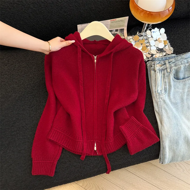 

Однотонный вязаный свитер с капюшоном, женский приталенный укороченный кардиган, осенняя новинка, с длинным рукавом, женская вязаная кофта, цвета: винно-красный, бежевый, серый