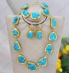 Z13015 Set Big 34mm Baroque Blue Gold-Plated Rough Stone Turquoise Necklace Bracelet Earring