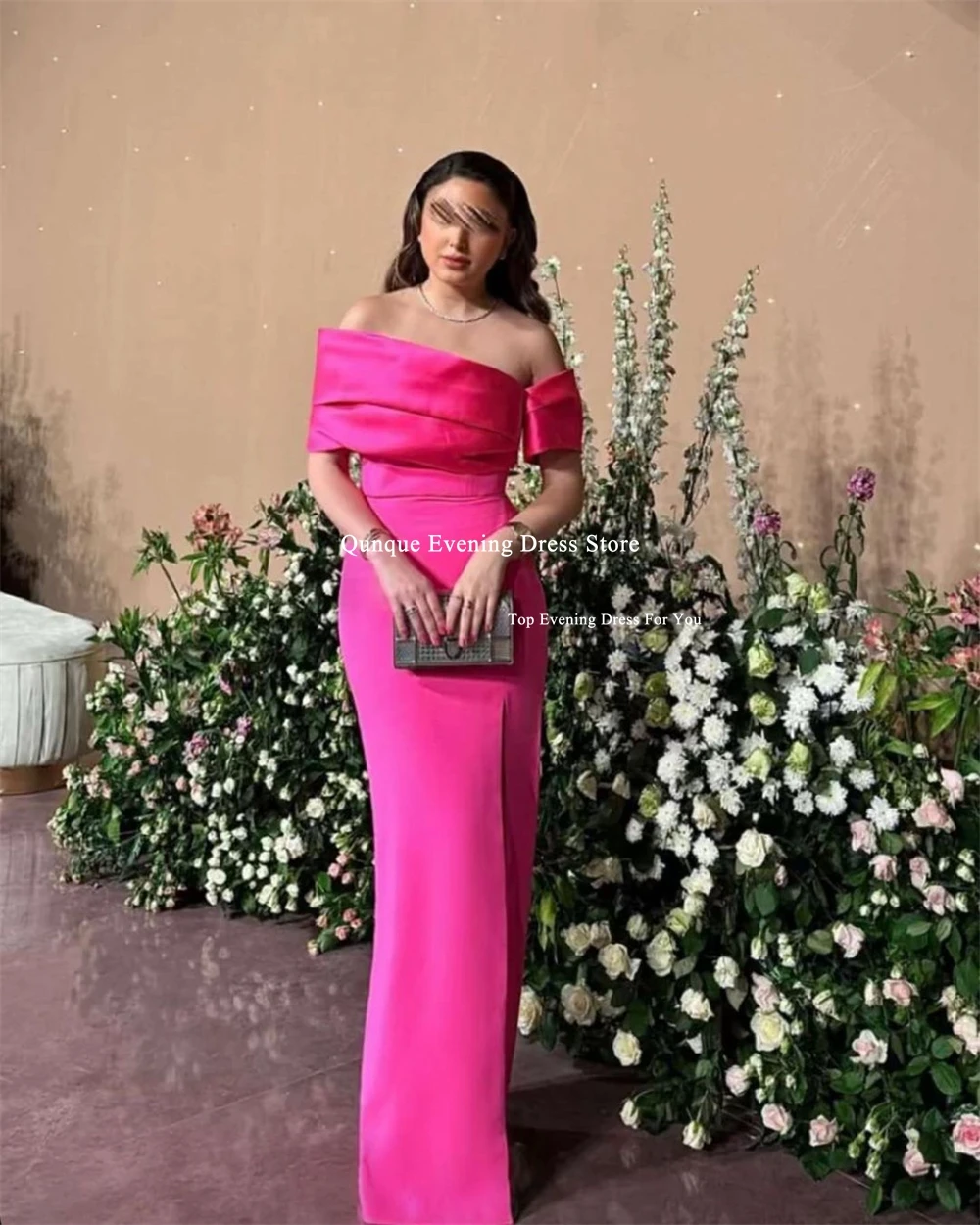 Qunque Fuchsia Mermaid Prom Dresses Customized Off Shoulder Sleeves High Slit Party Gala Gown Vestidos De Fiesta Evening Gown