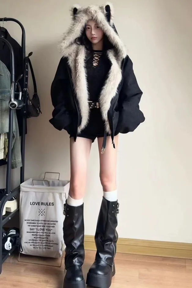 Winter Women 2000s Hoodie Parkas Y2k Oversize Suede Jacket Outwear Korean Coat Harajuku College Style Padded Jacket Thick 2026