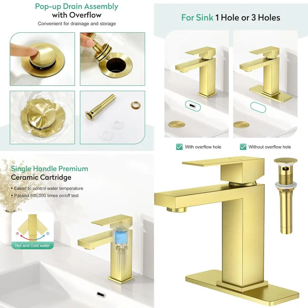 

Single Handle Brushed Gold Faucet with Pop-Up Drain for One Hole Bathroom Sink