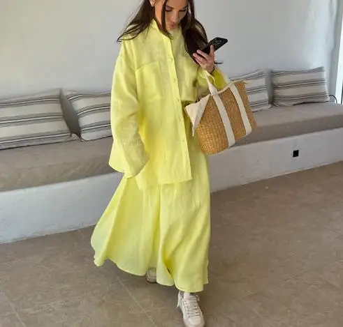 Women's clothing 2025 autumn and winter new fashion casual loose long sleeved shirt half skirt yellow fashion set