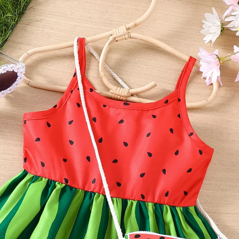 Girl’s Summer Dress Watermelon Print Cute Sling Children Clothes Sleeveless Dress+Bag 2pcs Baby Princess Clothing Outfits Ropa