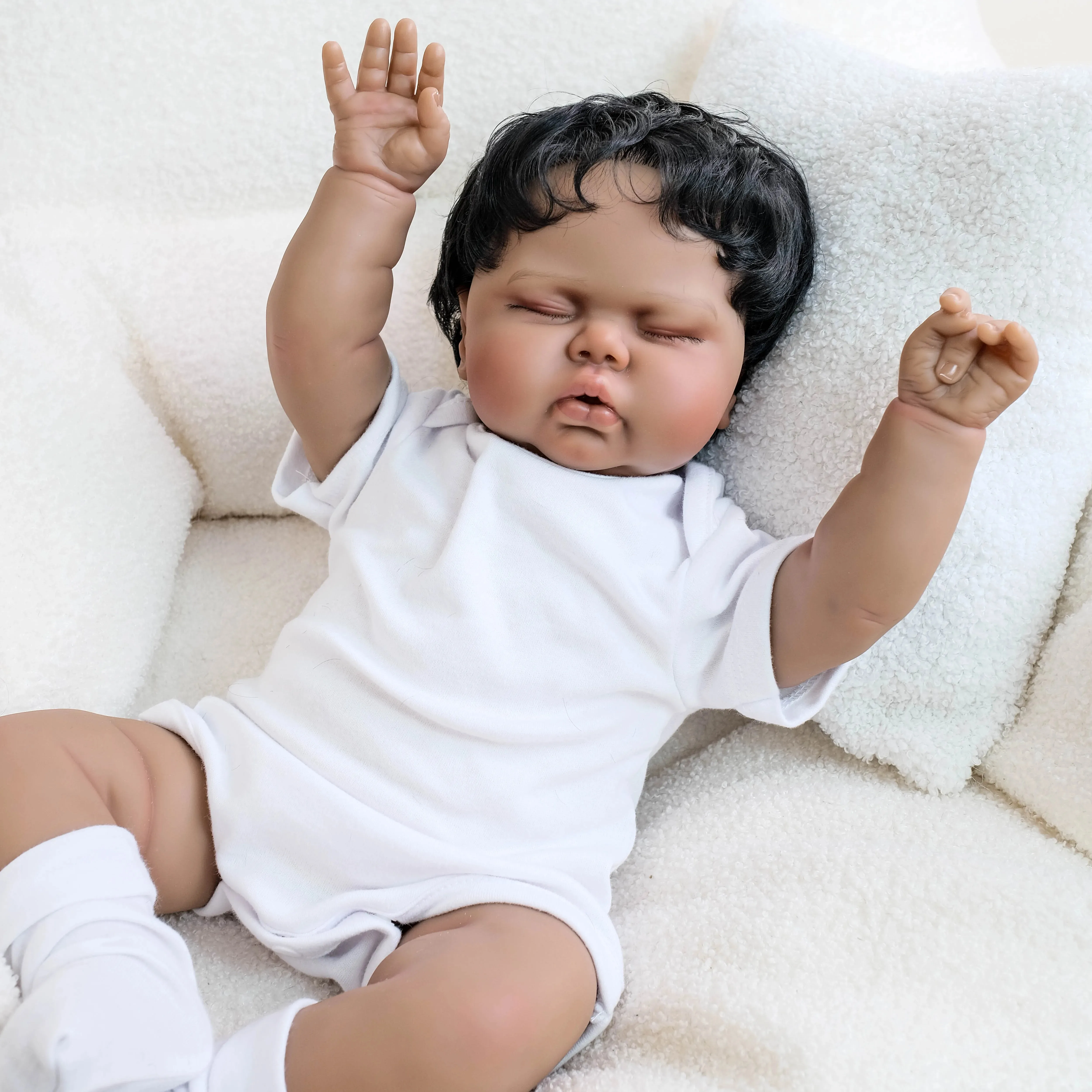 48CM Pickle Dark Skin Soft Cotton Body Lifelike Reborn Sleeping Baby Doll Multiple Layers Painting Hand Rooted Hair
