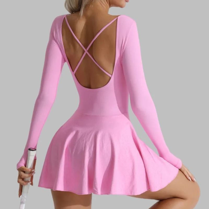 

Sean Tsing Women Tennis Dresses Long Sleeve Backless Golf Wear Built in Shorts Athletic Workout Sports Fitness Rompers Vestidos