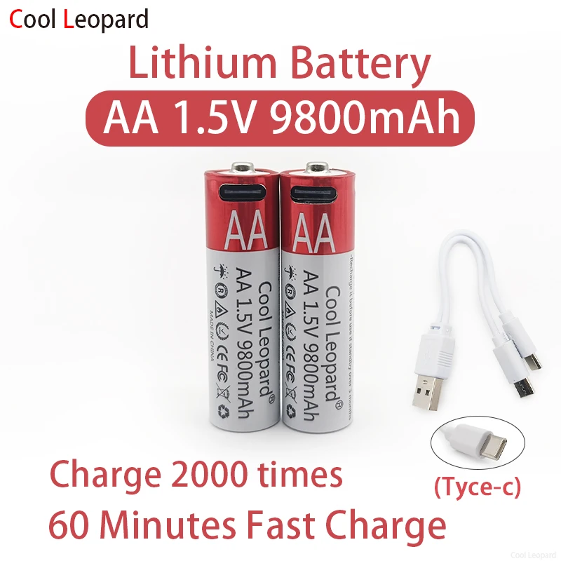 2022ใหม่1.5V AA 9800Mah แบตเตอรี่ลิเธียมชาร์จ USB,สำหรับรีโมทคอนโทรลเมาส์ Kipas Angin Kecil ไฟฟ้าของเล่นแบตเตอรี่ + สาย