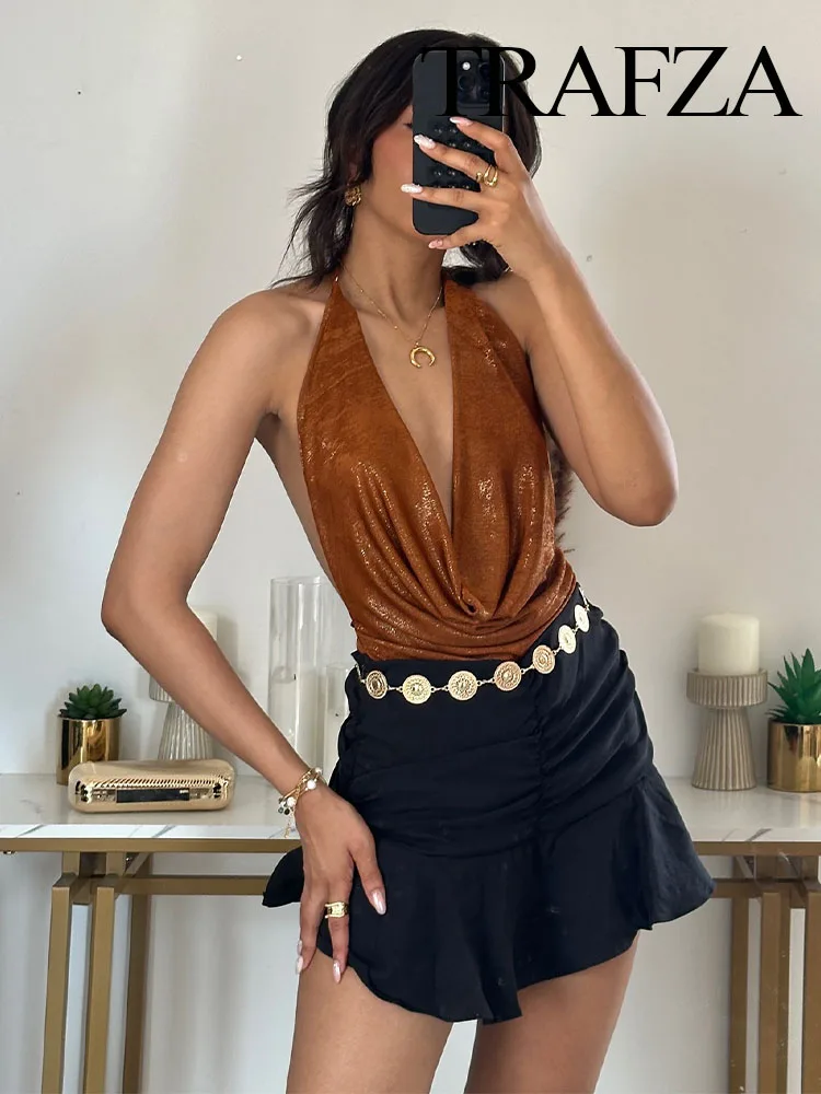 

TRAFZA Summer Women Fashion Sleeveless Backless Halter Neck Bodysuit Woman Chic Pleated Decoration Of Metal Foil Jumpsuit Mujer