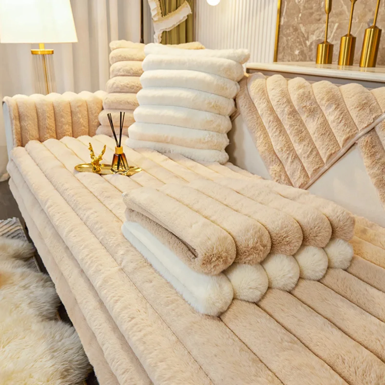 

Thickened Rabbit Plush Cushion Sofa Cover Cloth Towel - Anti-cat Scratch Winter Soft Sofa Cushion Cover seater sofa cover