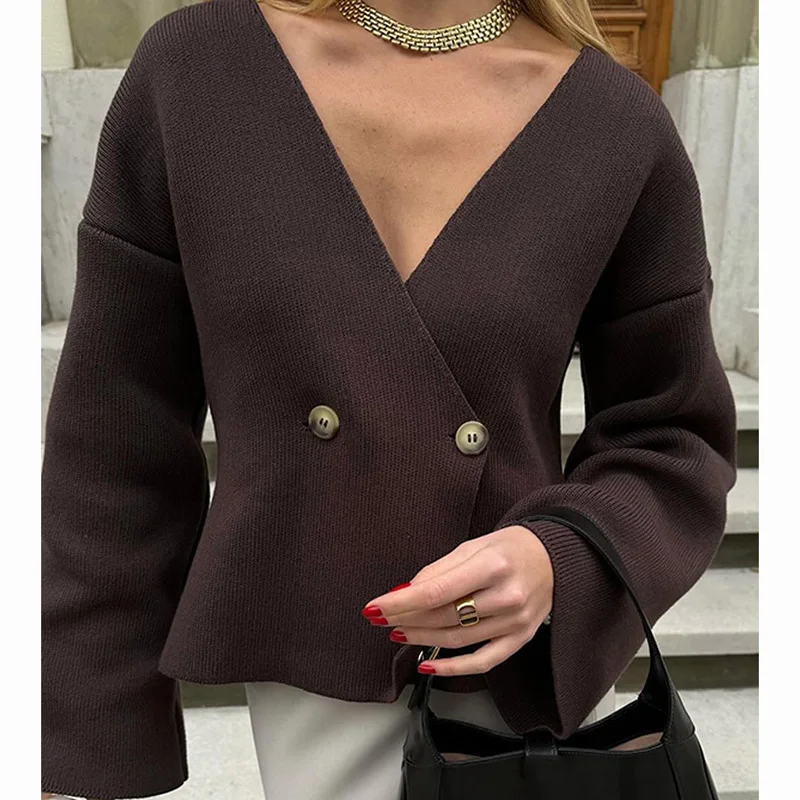 Elegant Solid Knitter Cardigan Women Casual V Neck Flare Sleeve Double Breasted Ladies Coat Autumn Fashion Chic Female Knitwear