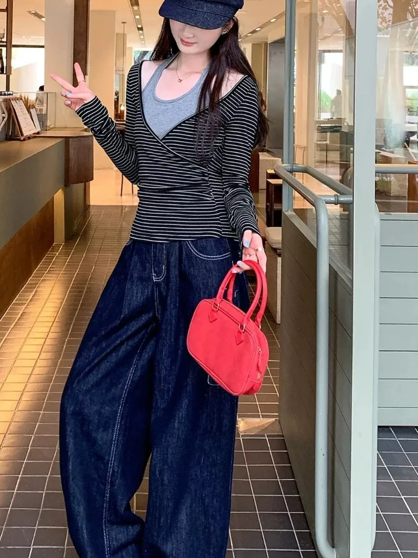 2026 New Women's Stripe Color Block Neck Hanging Slim Fit Long Sleeve T-Shirt Casual Commute Style High End Feeling Versatile...