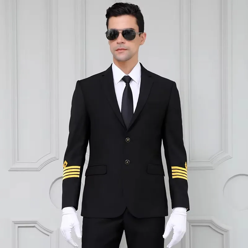 New Style Men Business Work Uniform Aviation Clothing Pilot Autumn Winter Black Suit High Quality Male Embroidery Costume