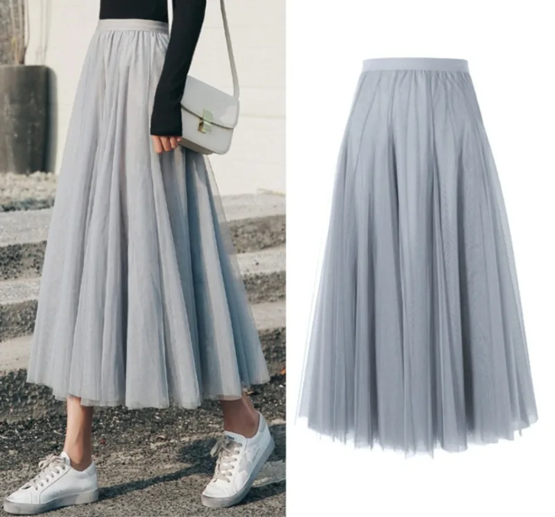 Hot Women Mesh Elastic Tutu Skirt Beach Spring Summer Korean High Waist Fashion Pleated Long Skirt Black White Tulle Skirts