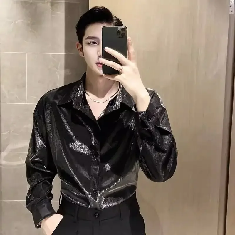 Male Shirts Shiny Hip Hop Long Sleeve Men\'s Shirt Casual Korean Style Trendyol Fashion Man 2024 Popular Clothes I Elegant Social