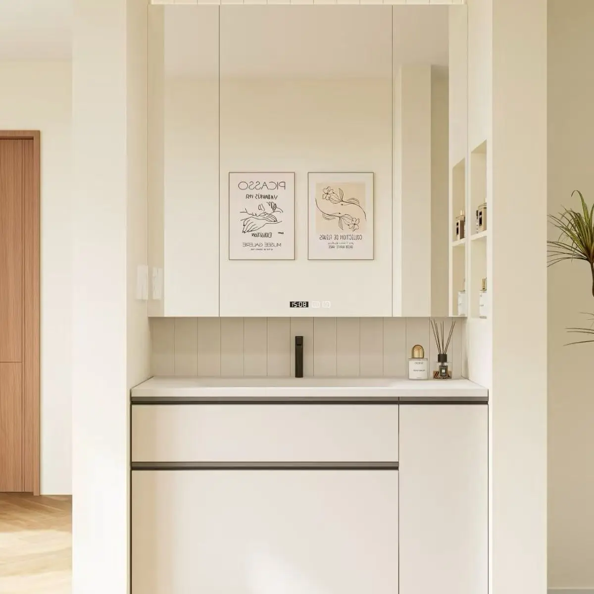 Japanese-style simple storage bathroom cabinet through top mirror bathroom pull basket ceramic integrated wash basin
