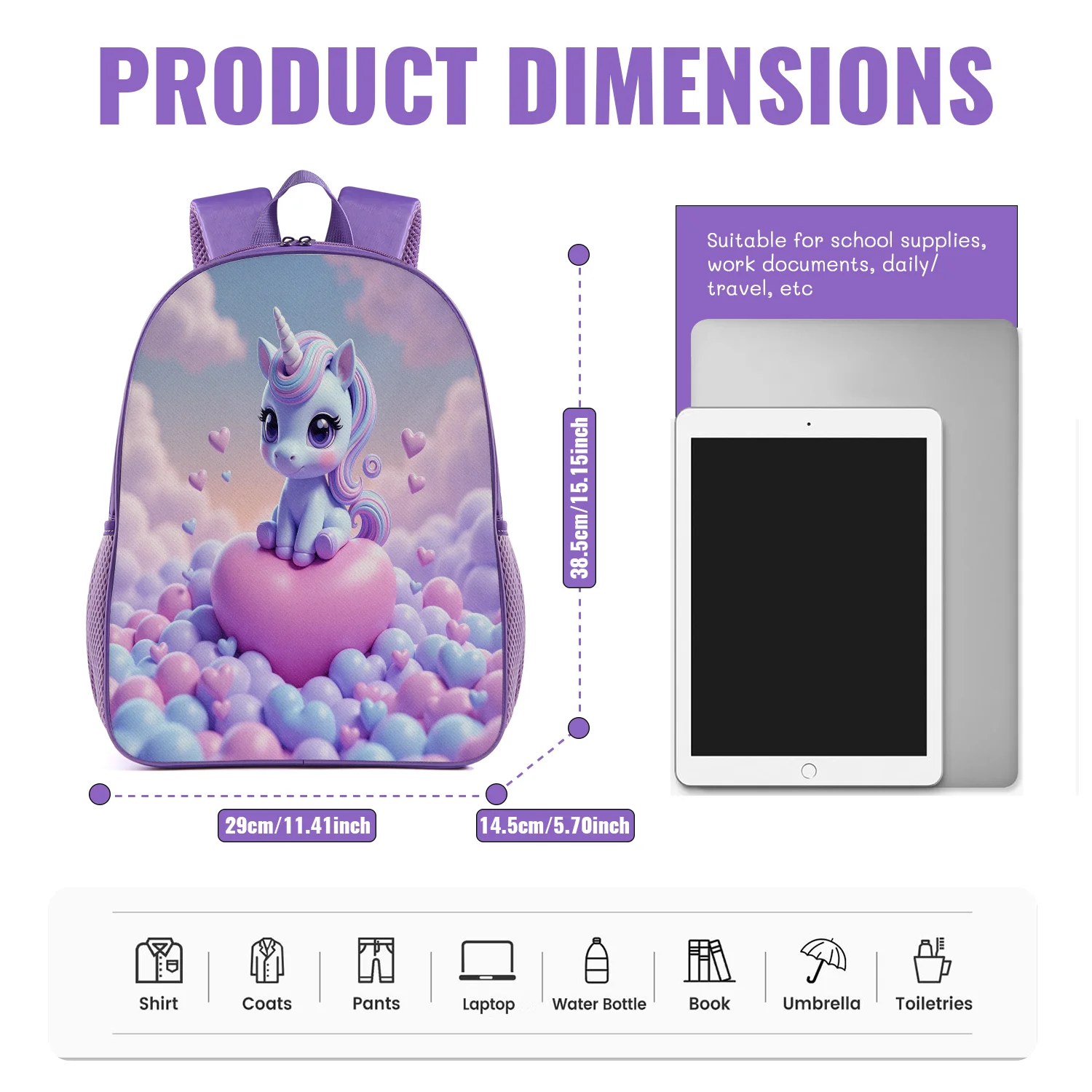 Cute Purple Unicorn Backpack Lightweight School Bookbag with Heart Cloud Blue Print Adjustable Padded Straps Travel