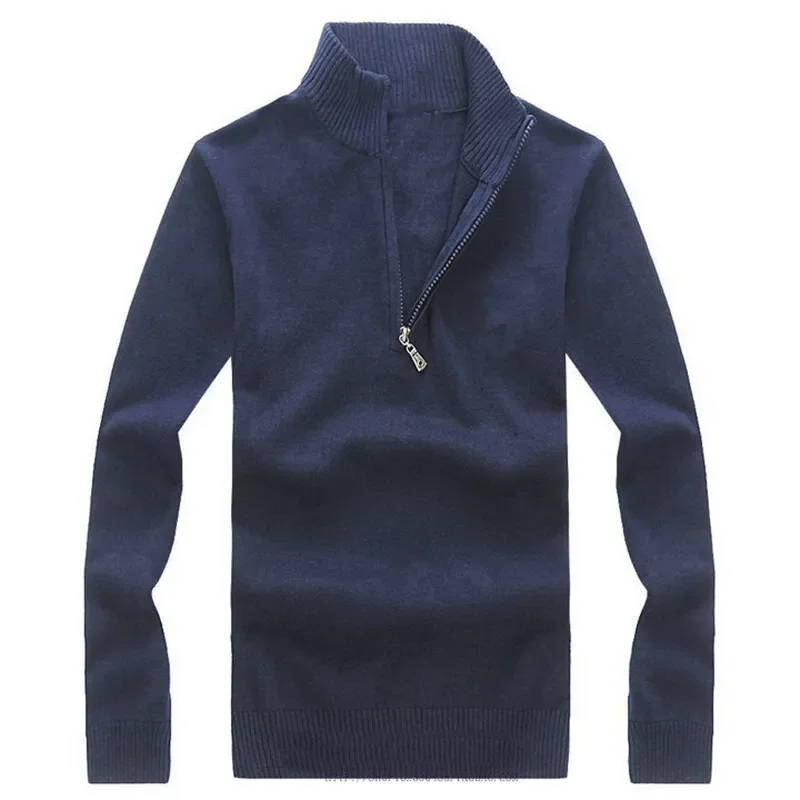 High Quality Men's Half Zip Mock Neck 100% Cotton Knitted Pullover Sweater Solid Color Stand Collar Casual Pull Homme Fit Type