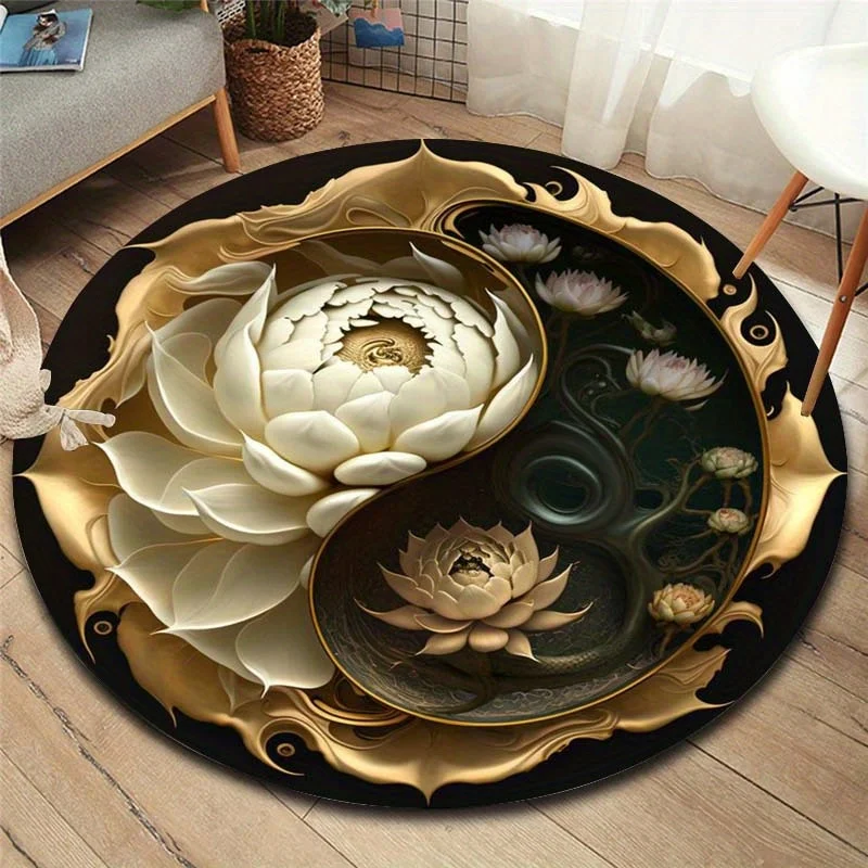 Lotus Mandala Round Rug – Non-Slip, Shed-Resistant Spiritual Decor for Bedroom, Living Room, Bathroom or Office