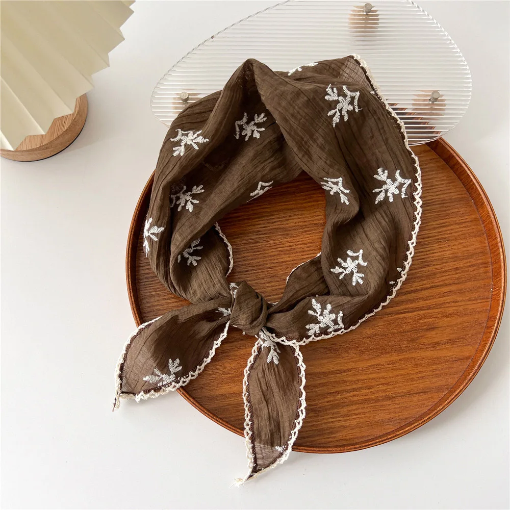 Linen Cotton Lace Triangle Scarf For Women Floral Sunscreen Headscarf Small Shawls Ladies Hair Scarf Headband Office Neckerchief