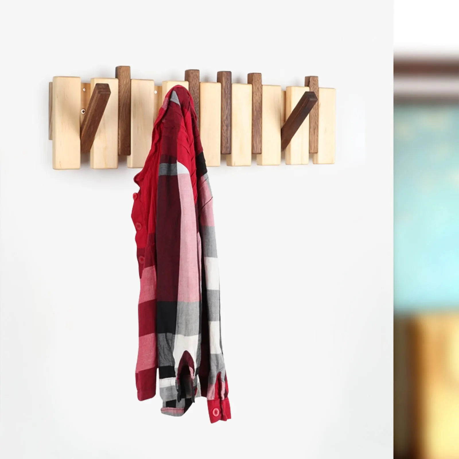 

Wood Coat Rack Hanger W/ Flip - Down Hooks Wall Mounted Clothes Rack Coat Hanger