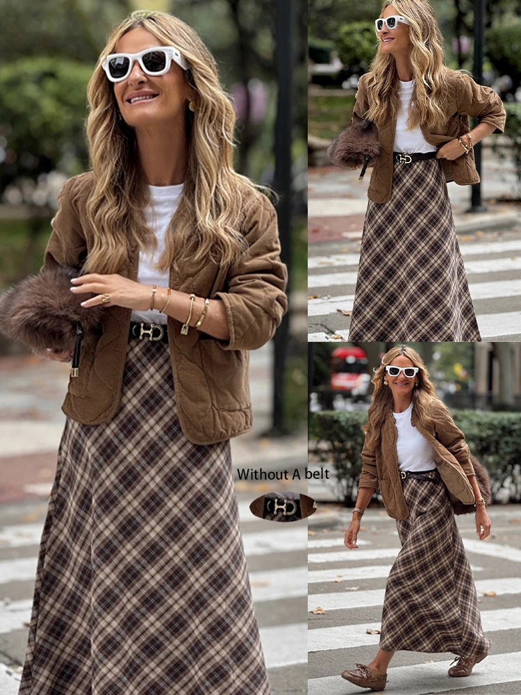 

Fashionable women's high-waist plaid mid-length skirt, loose A-line skirt, elegant office skirt, everyday long skirt