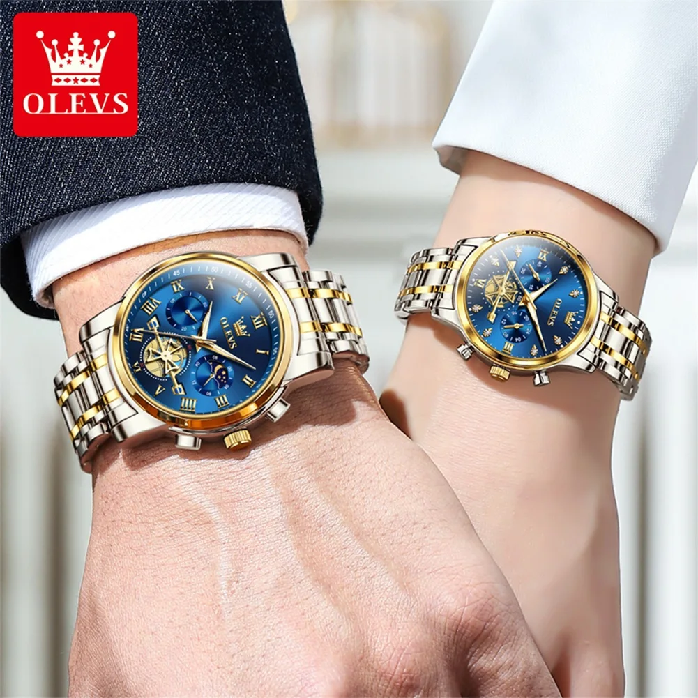 OLEVS Original Quartz Couple Watch for Men Women Stainless Steel Waterproof Moon Phase Chronograph Flywheel Design Lover\'s Watch