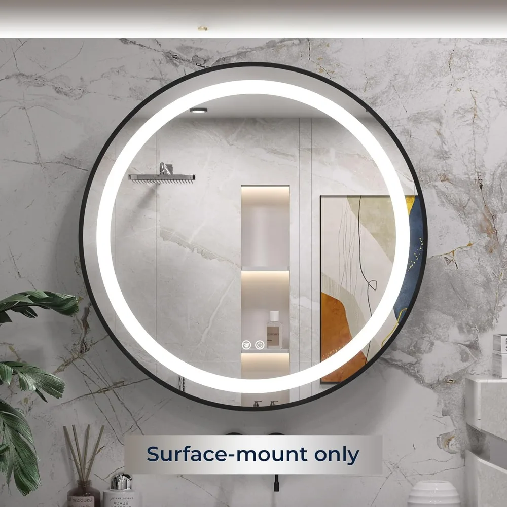 Round LED Medicine Cabinet Mirror, Banheiro com superfície de saída elétrica, Anti-Fog Surface Mount, 3 Color Lights Circle, 28 polegadas, preto