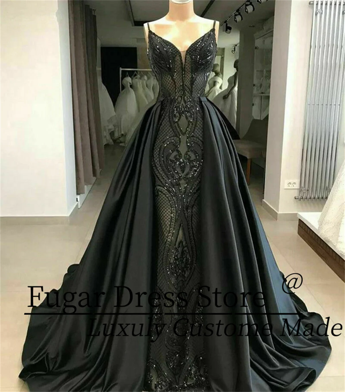 

Customized Mermaid Gothic Black Formal Dresses Evening Gown Party Prom Detachable Train Evening Dresses Robes de soiré