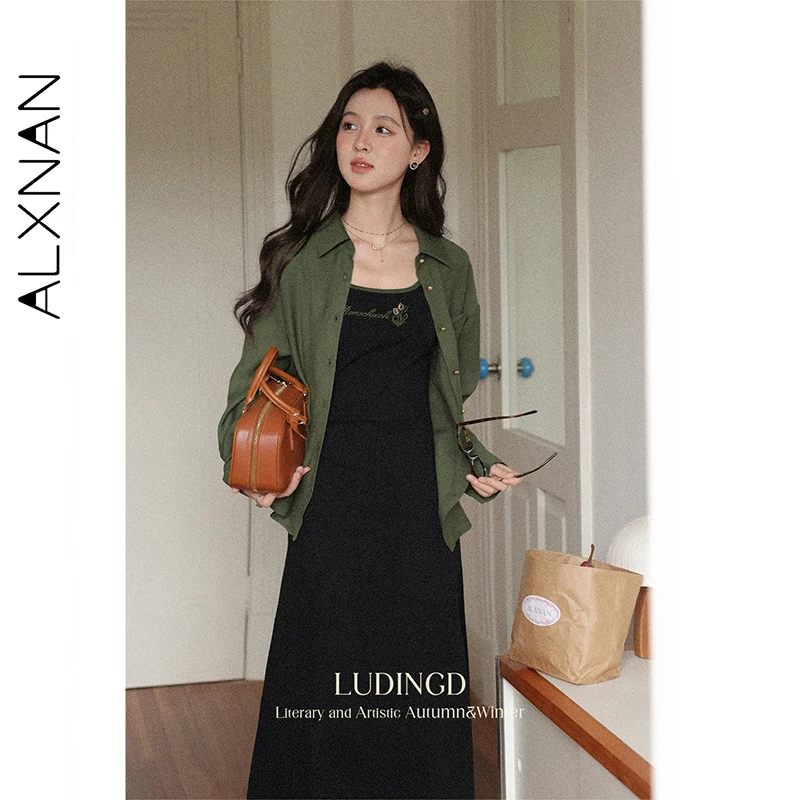 ALXNAN 빈티지 그린 셔츠 여성 가을 ​​새로운 자수 루즈핏 캐주얼 셔츠 금속 단추 오피스 레이디 긴 소매 탑 L56812