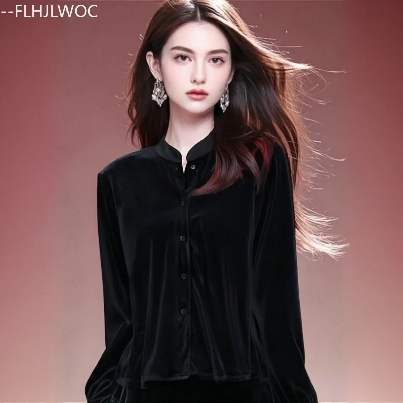 

New Year Christmas Cute Black Velvet Tops Blouse Woman Autumn Winter Basic Elegant Lady Retro Vintage Top Button Cute Shirts