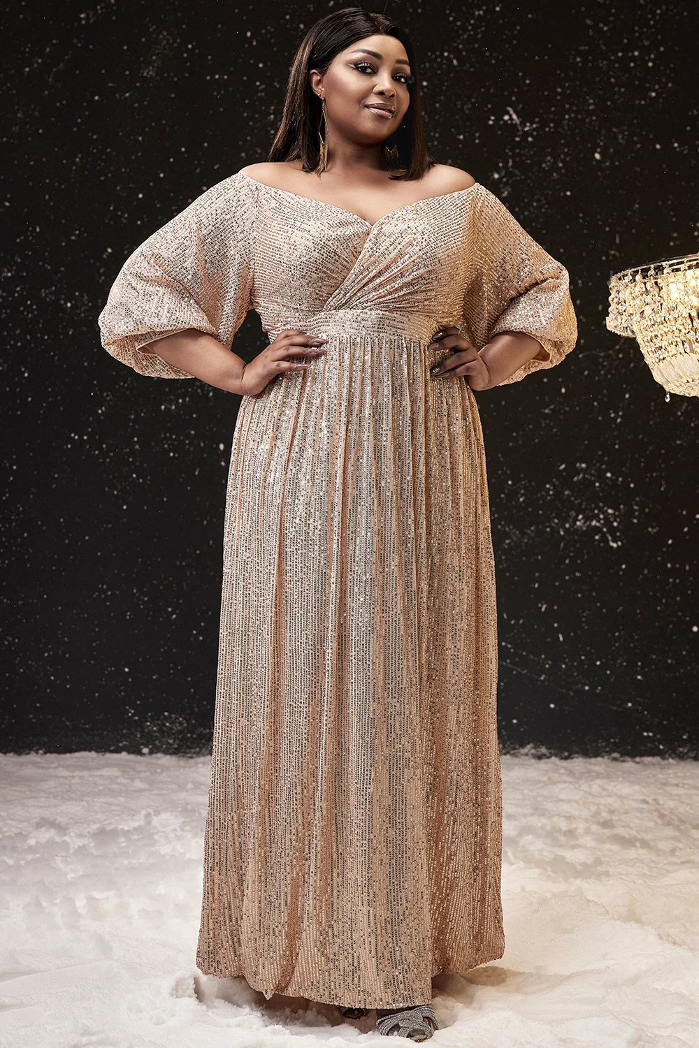 Plus Size Women Formal Dress Apricot Off The Shoulder Puff Sleeve Sequin Maxi Dress Cocktail Wedding Guest Empire Dress 2024