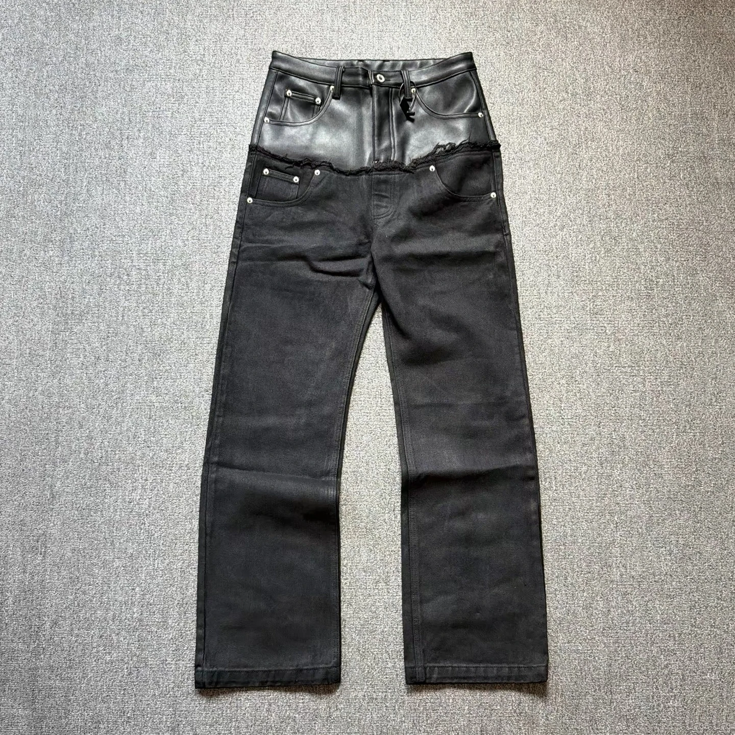 Double Waist PU Leather Splicing Frayed Coated Denim Pants Straight Leg Jeans for Men And Women Casual Loose Fit All Seasons