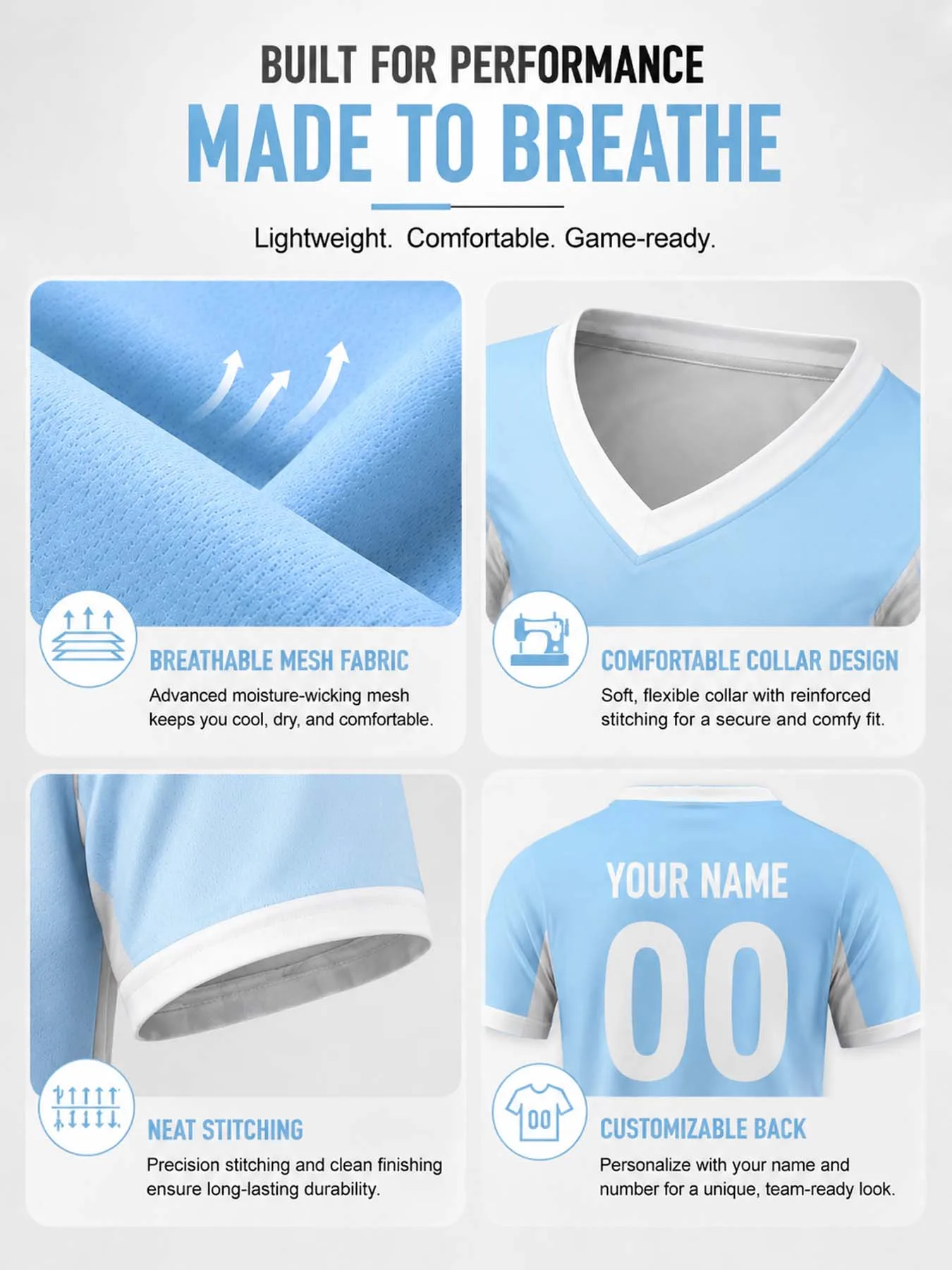 Custom Football Shirt Light Blue Personalized Soccer Jersey with Logo Name Number Football Team Jerseys for Men Kids Women
