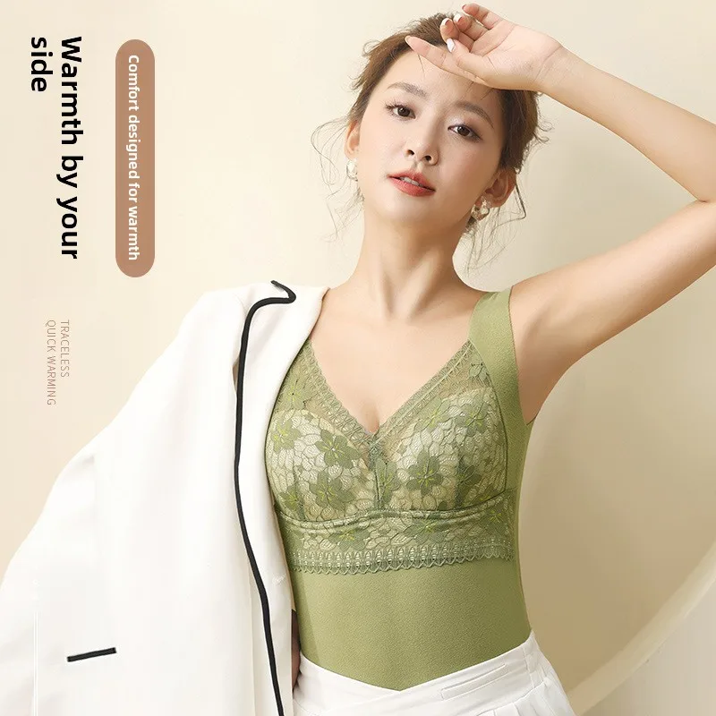 Thickened One-Piece Warm Vest Women's Autumn Winter New Style Lace Inner Wear Strap Vest Close-Fitting Base Layer