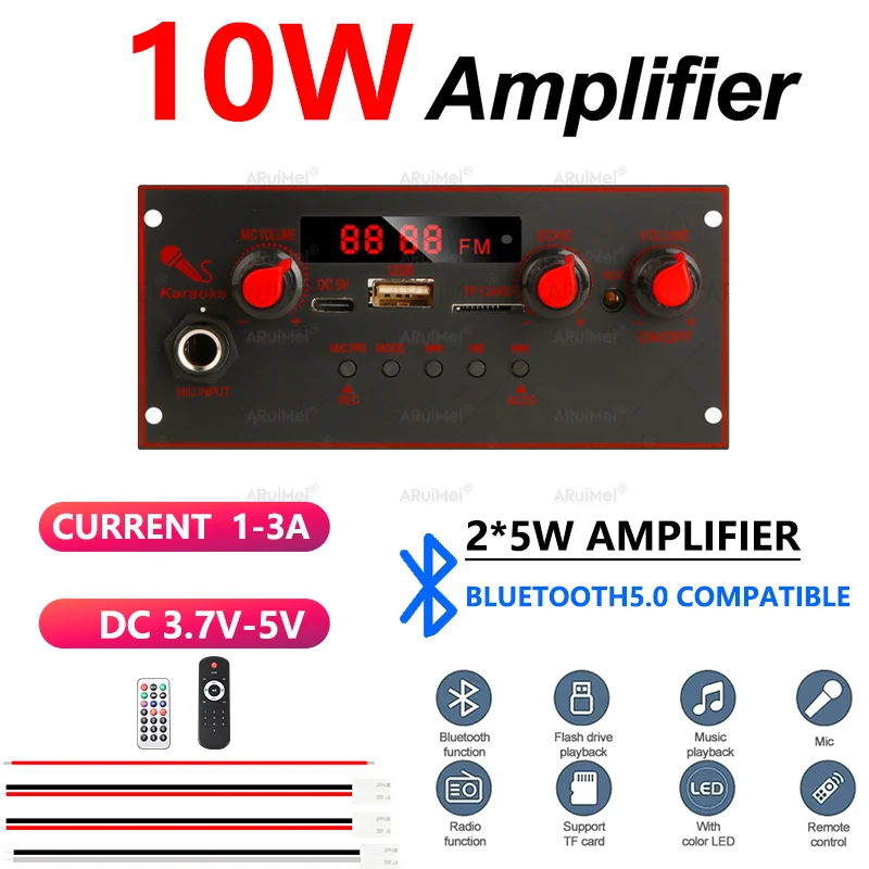 10W Mini Bluetooth Amplifier Module 5v 2*5W Stereo Bluetooth Amplifier Board 3.7v Karaoke Mic FM Radio USB TF AUX DC 3.7V-5V