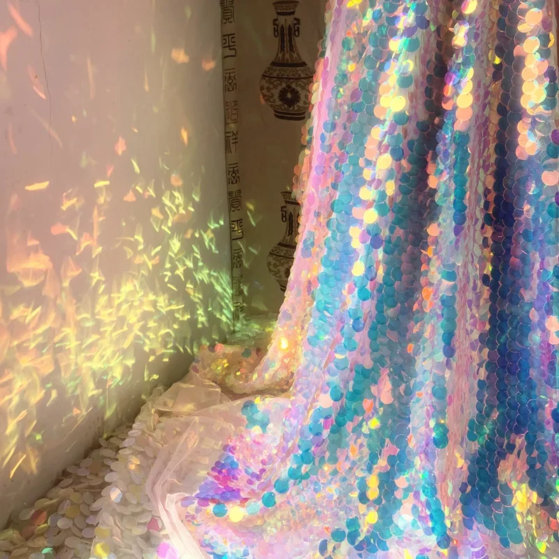 Dreamy Laser Sequin Fabric Imitation Mermaid Scale Round Sequin Glitter Cloth Iridescent Shiny Dress DIY Sewing Background Decor