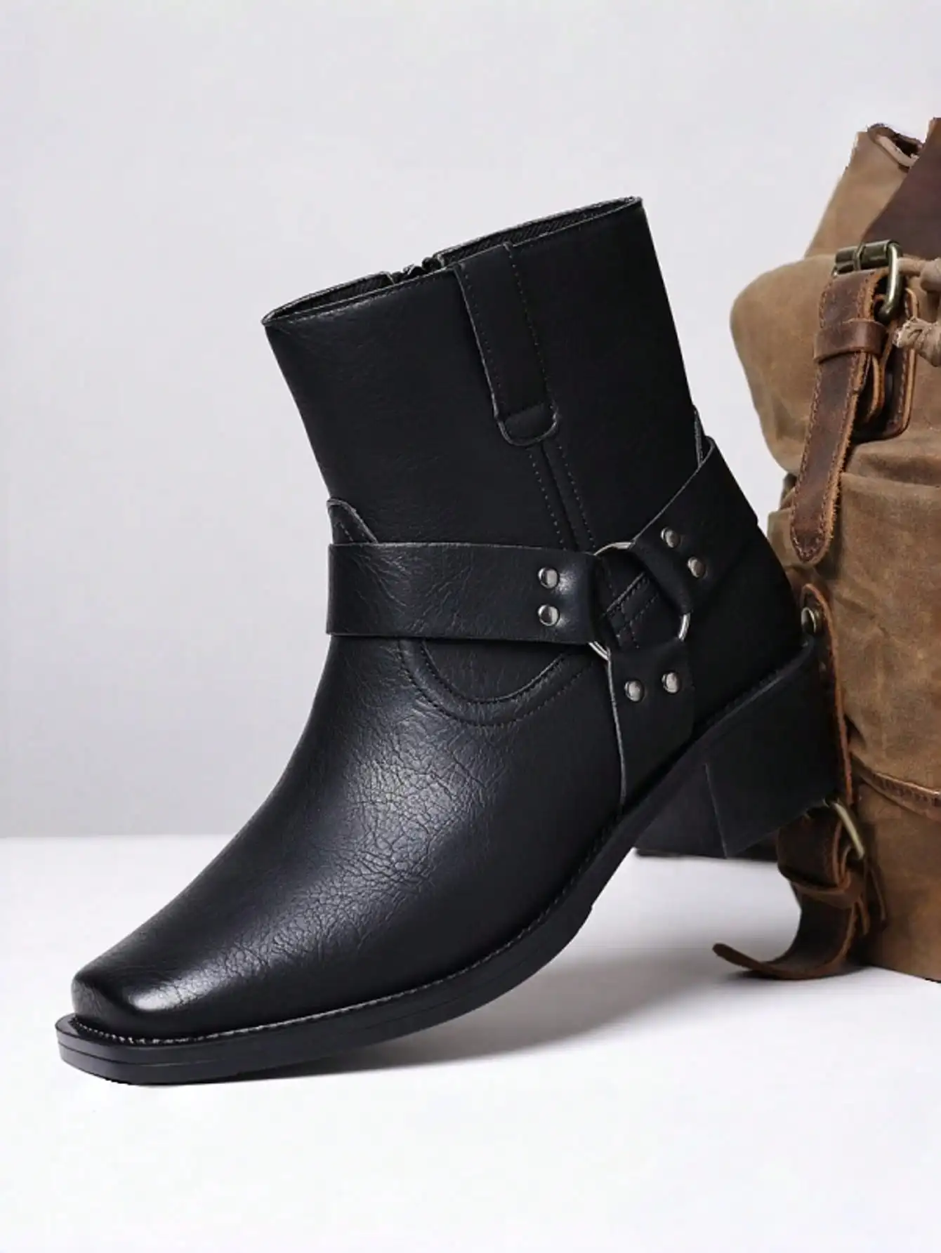 Men's Western Faux Leather Ankle Boots, Square Toe Metal Studded Harness Booties with Side Zipper & Block Heel, Non-Slip Comfort Casual Cowboy Footwear, Stylish Western Dress Boots for Daily Wear, Party, Outdoor, Vintage Fashion Cowboy Boots for Men