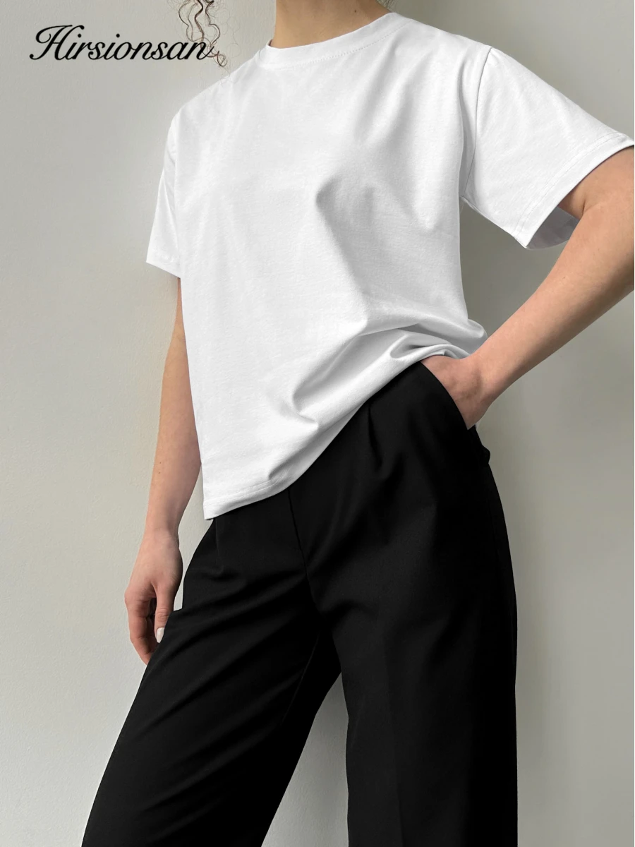 Hirsionsan Basic Cotton T Shirt Women 2026 Summer New Loose Solid Tees 19 Color Casual Loose Tshirt Oversized O Neck Female Tops