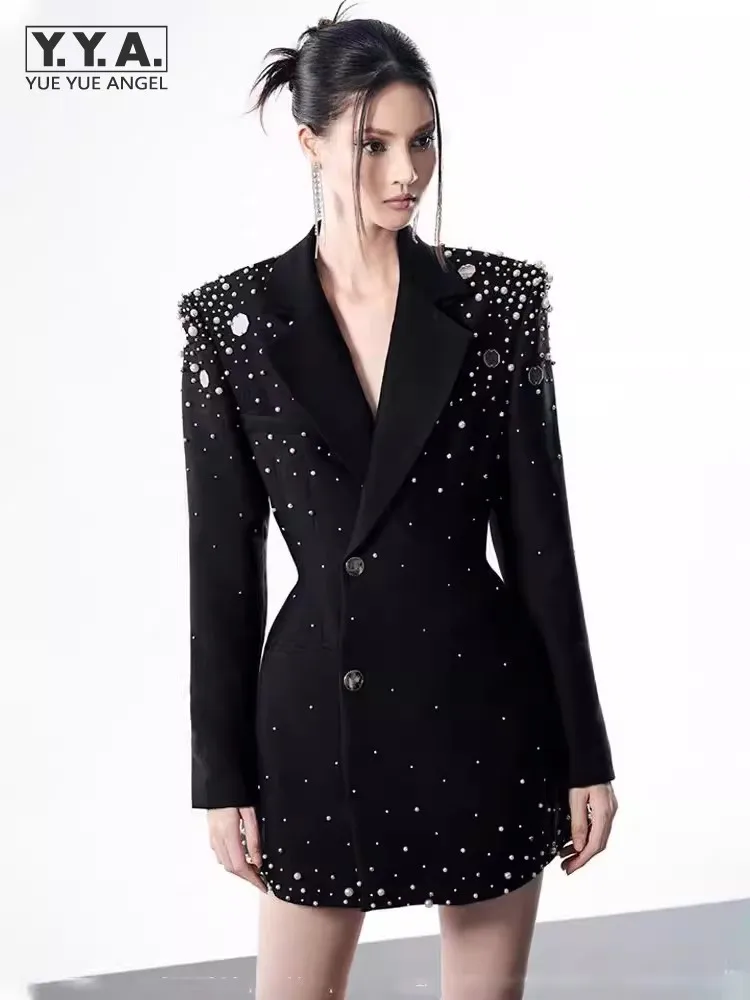 

New Spring Runway Women Elegant Double Breasted Blazers Long Sleeve Pearl Sequins Fashion Slim Fit OL Ladies Black Suit Jacket