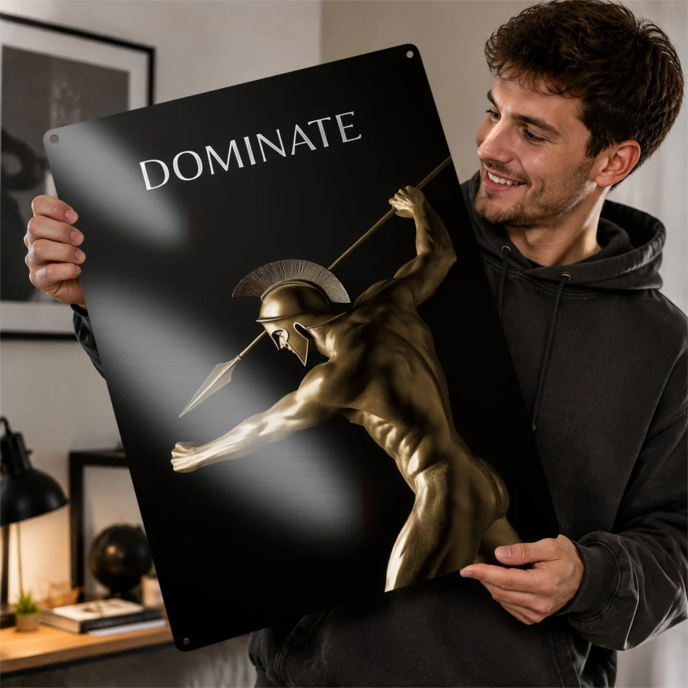 Dominate Spartan Statue Printed Poster Monochrome Wall Art For Reading Room Personalized Aluminum Metal Sign Book Lover Gift
