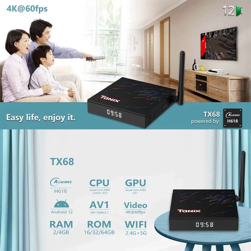 TANIX TX68 مربع التلفزيون الذكية أندرويد 12 4G 32G 64G Allwinner H618 2.4G & 5G Wifi6 6k 4k مشغل الوسائط تعيين أفضل صندوق PK T95Z زائد X98H برو
