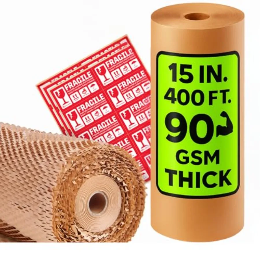 

Honeycomb Packing Paper Extra Thick 90 GSM Packing Wrap Biodegradable Packing Materials: 15" x 400' Moving Paper + 30 Fragile S