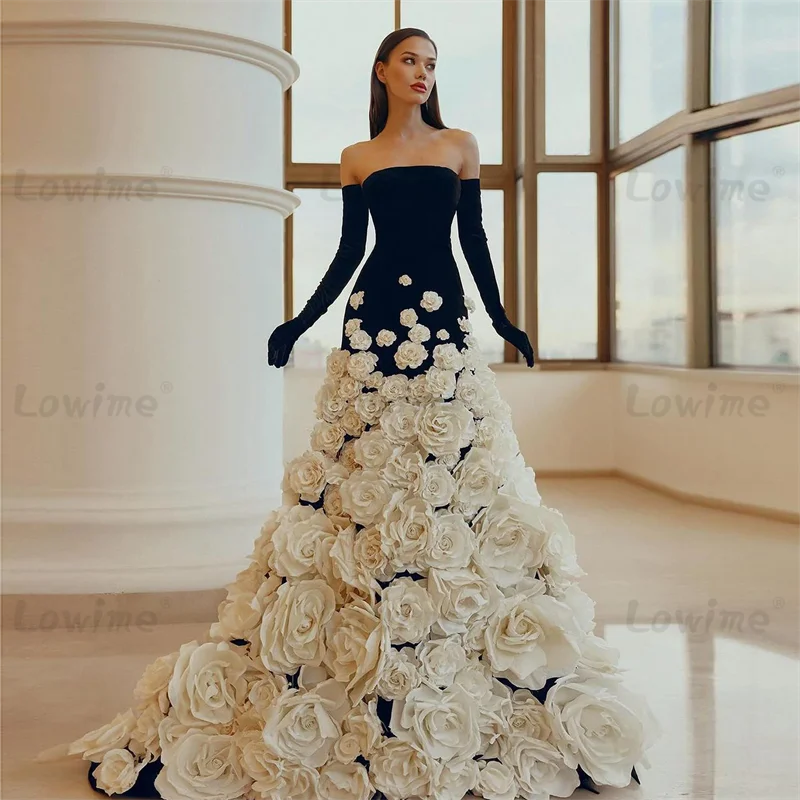 Luxury Black Velvet Celebrity Dresses Handmade 5D Flowers Long Prom Dress 2025 Customized Mermaid Evening Gowns With Gloves Robe