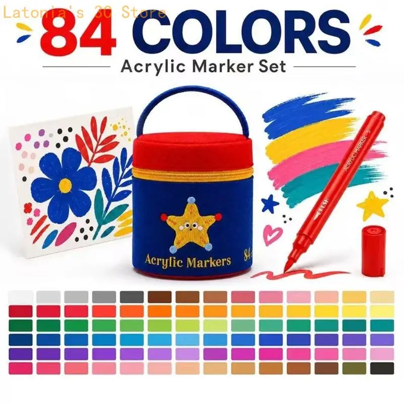 Art Marker Set with Brush Acrylic Markers, Carry Handle Case for Kids, Students, Drawing and Craft Projects X3UB