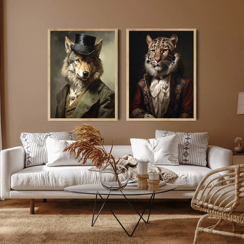 Victorian Vintage Animal Grey Wolf Brown Bear Tiger Cheetah Portrait Poster Canvas Paintings Wall Art Pictures Hotel Home Decor