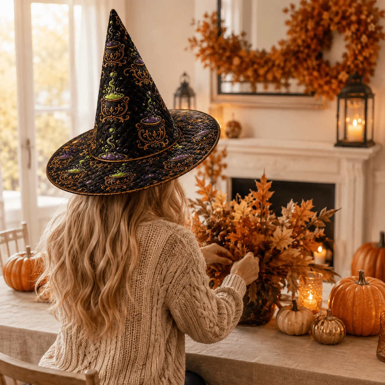 Customization Halloween Witch Hat For Women, Magical Cauldron Pattern With Green And Purple Potion Details, Distinctive Witch Ha