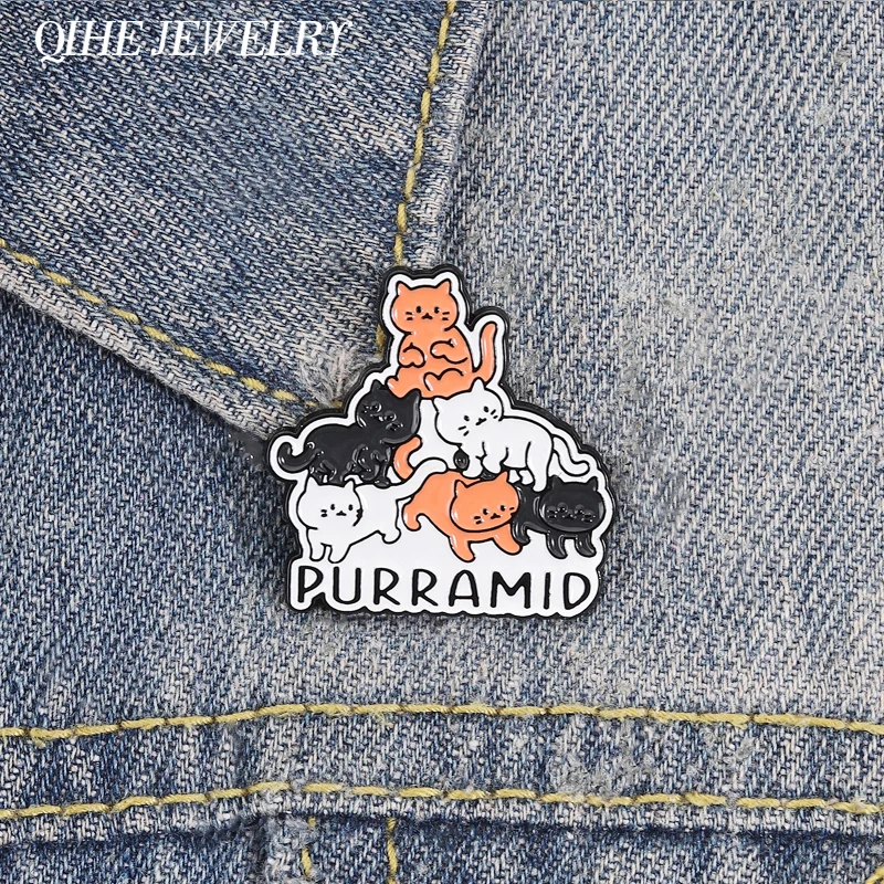 Cute Cat Purramid Pyramid Enamel Pin Funny Cat Pet Pun Stacking Alloy Brooches Backpack Lapel Badge Jewelry Gift for Cat Lovers