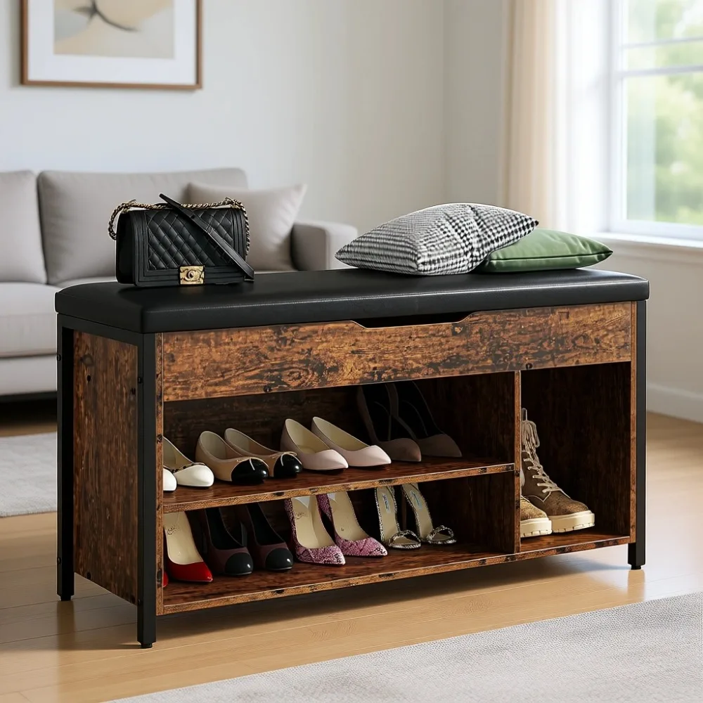 Elevate Top Shoe Storage Bench, Adjustable Shelf Rack with Cushion for Entryway, Bedrooms, and Living Spaces
