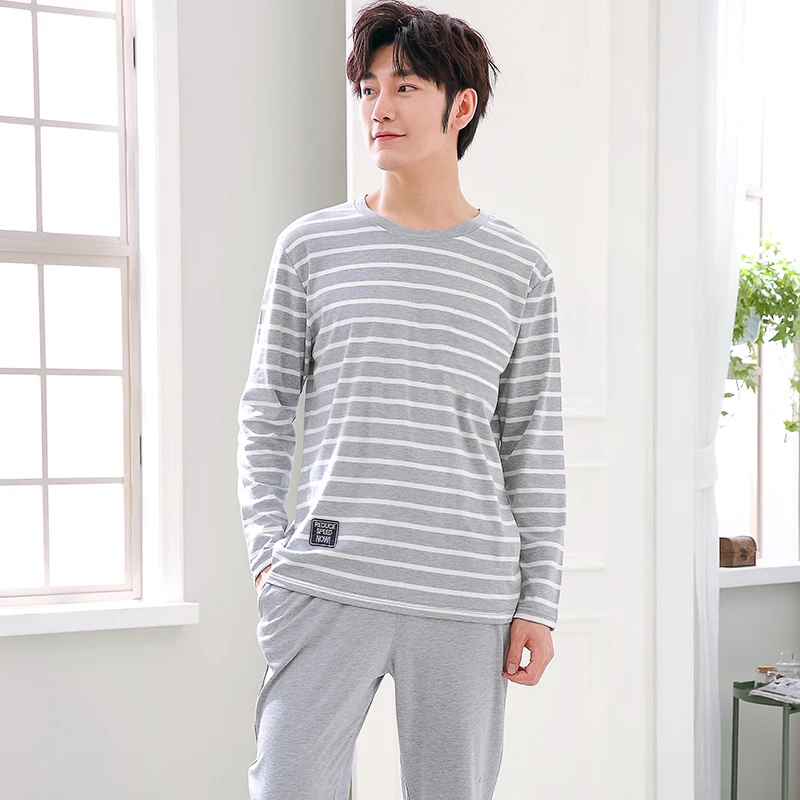 100% Cotton Knitted Pj Long Sleeved Men\'s Pajamas Sets Male Pijama Set Striped Pyjama For Men Sleepwear Suit Homewear Size XXXL