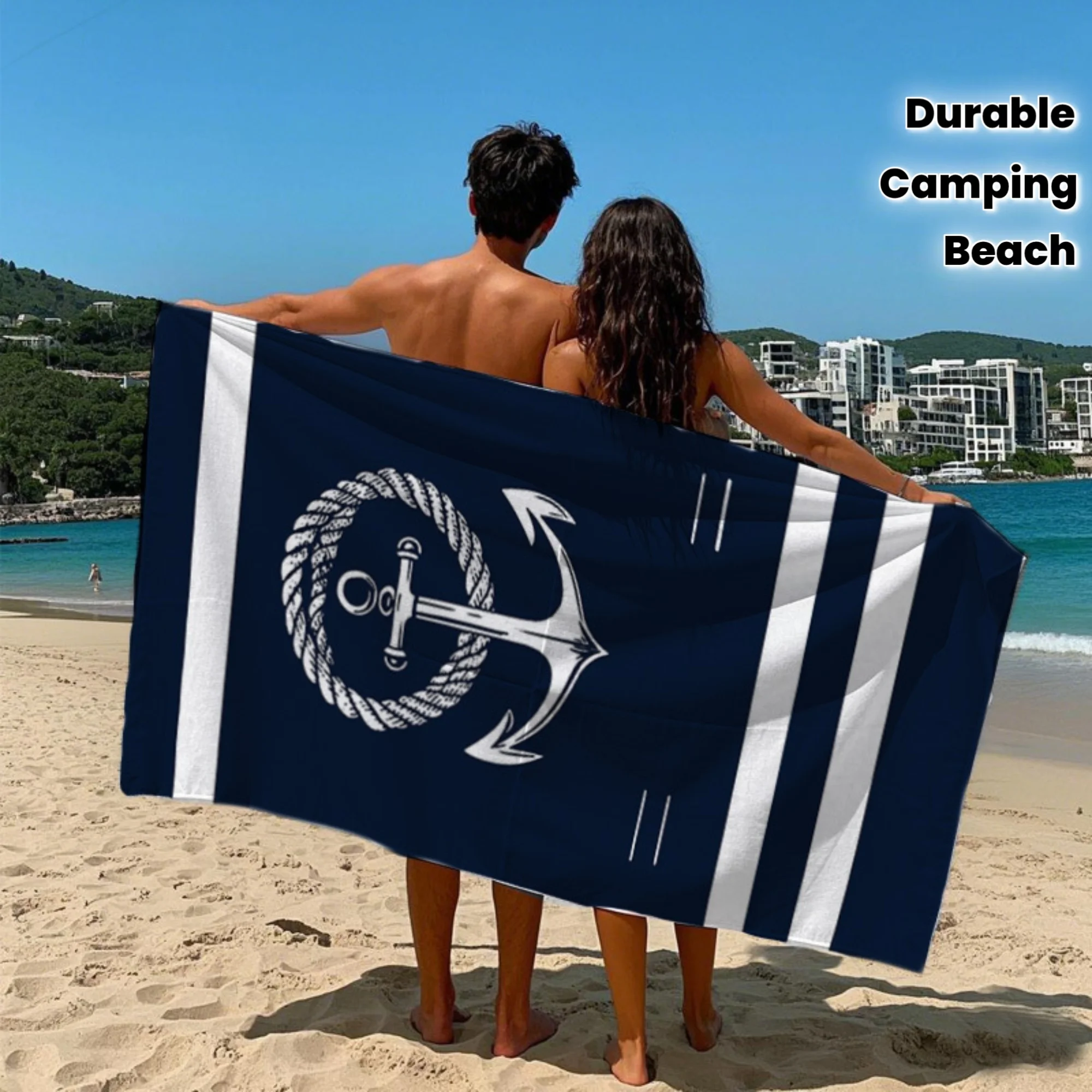

Nautical Anchor Stripe Beach Towel Quick Dry Microfiber Sand Free Absorbent Washable Durable for Camping Pool Travel Summer